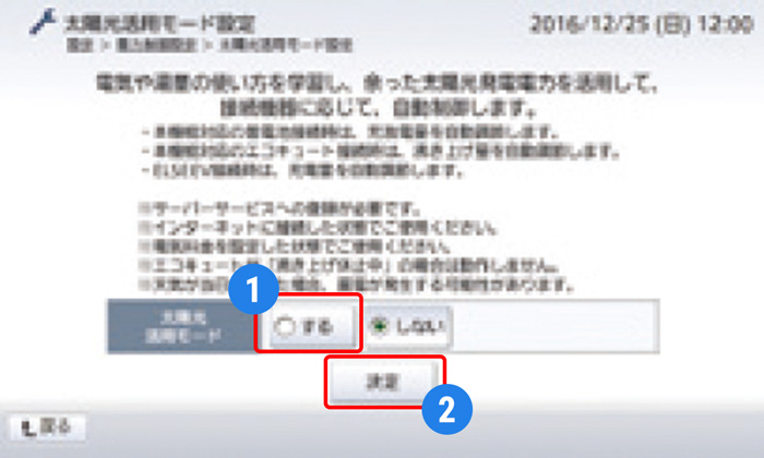 「太陽光活用モード設定」画面。